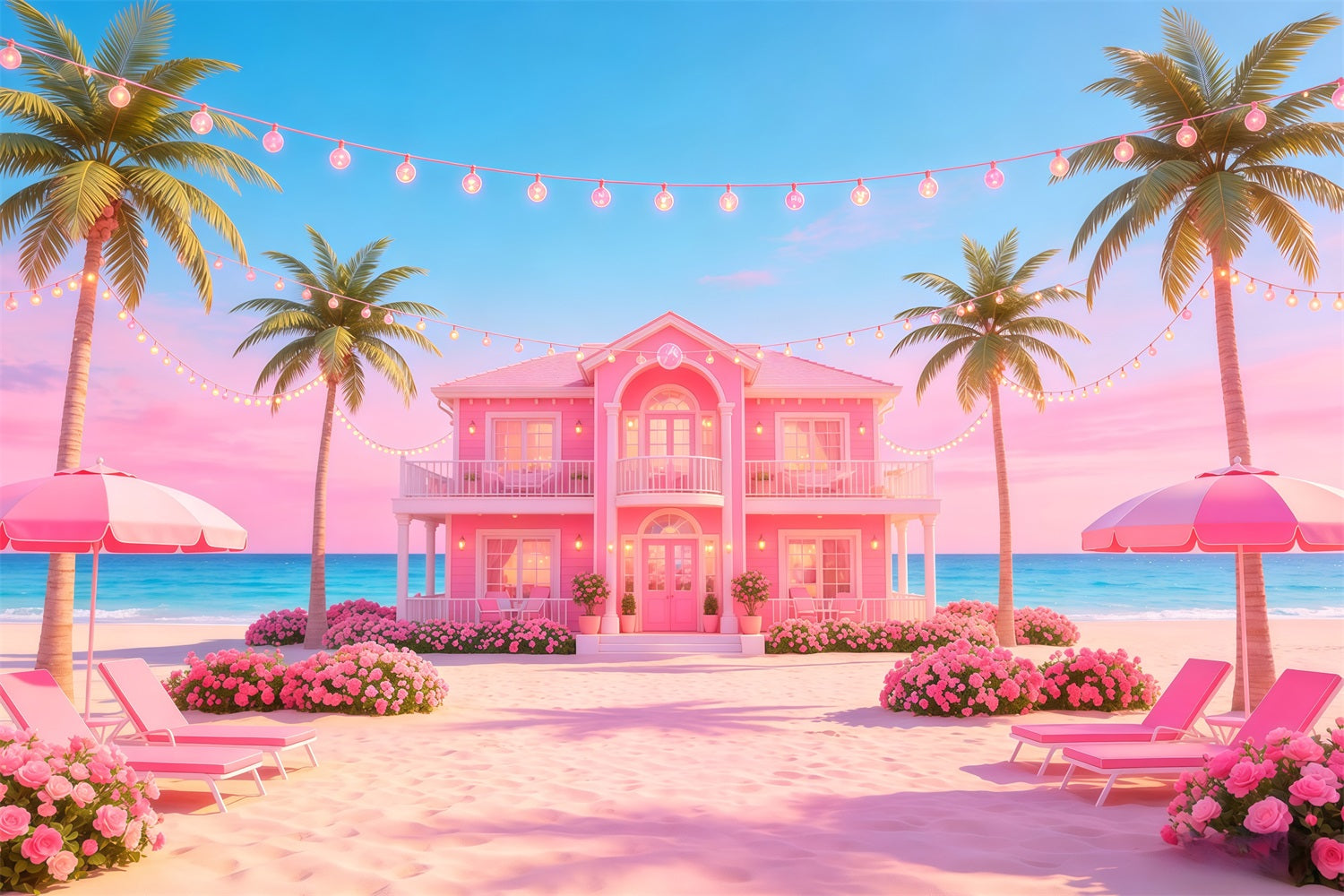 Beach Backdrop Pink Coastal Villa String Lights Beach Photo Backdrop UK CSH64-92