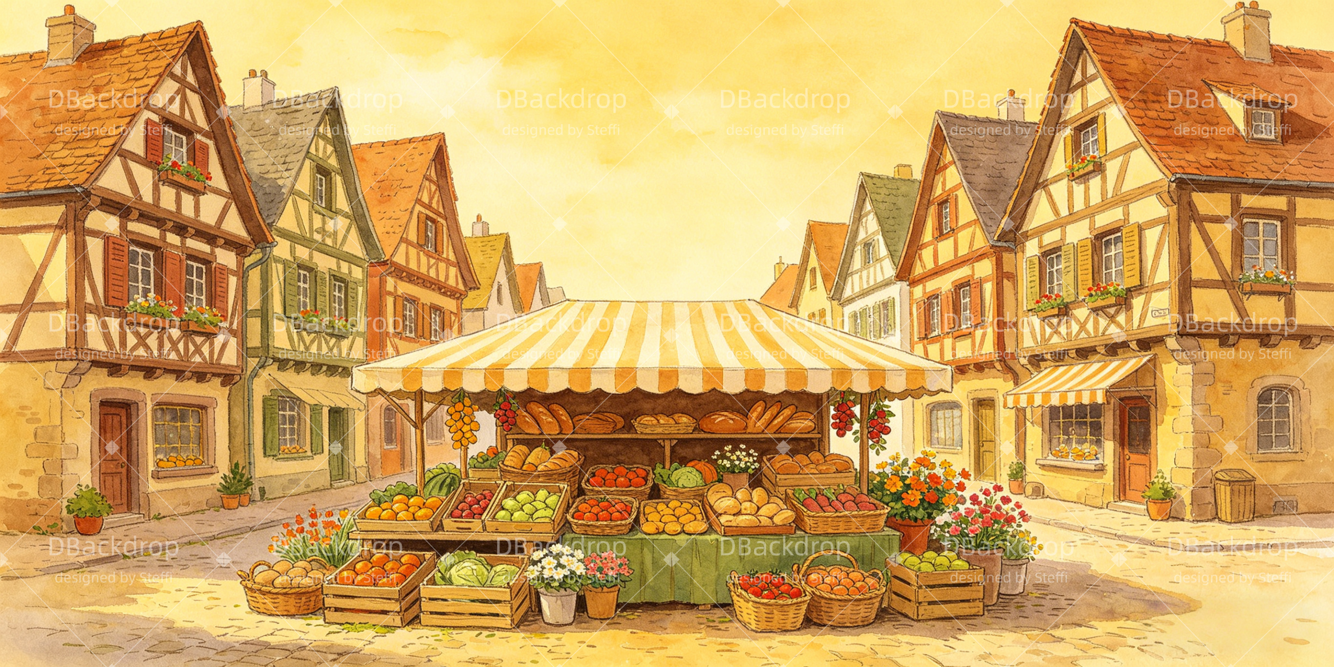 Farmers Market Backdrop Sunlit Rustic Village Square Scuba VBS Backdrop UK CSH64-T5
