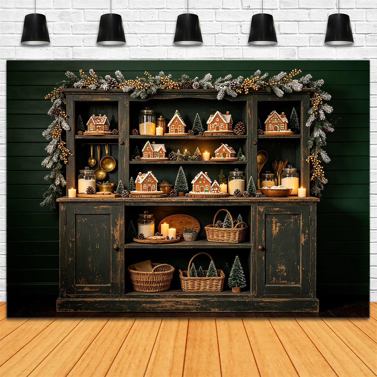 Christmas Kitchen Backdrop Gingerbread Shelf Village Christmas Photography Backdrop UK CSH68-57