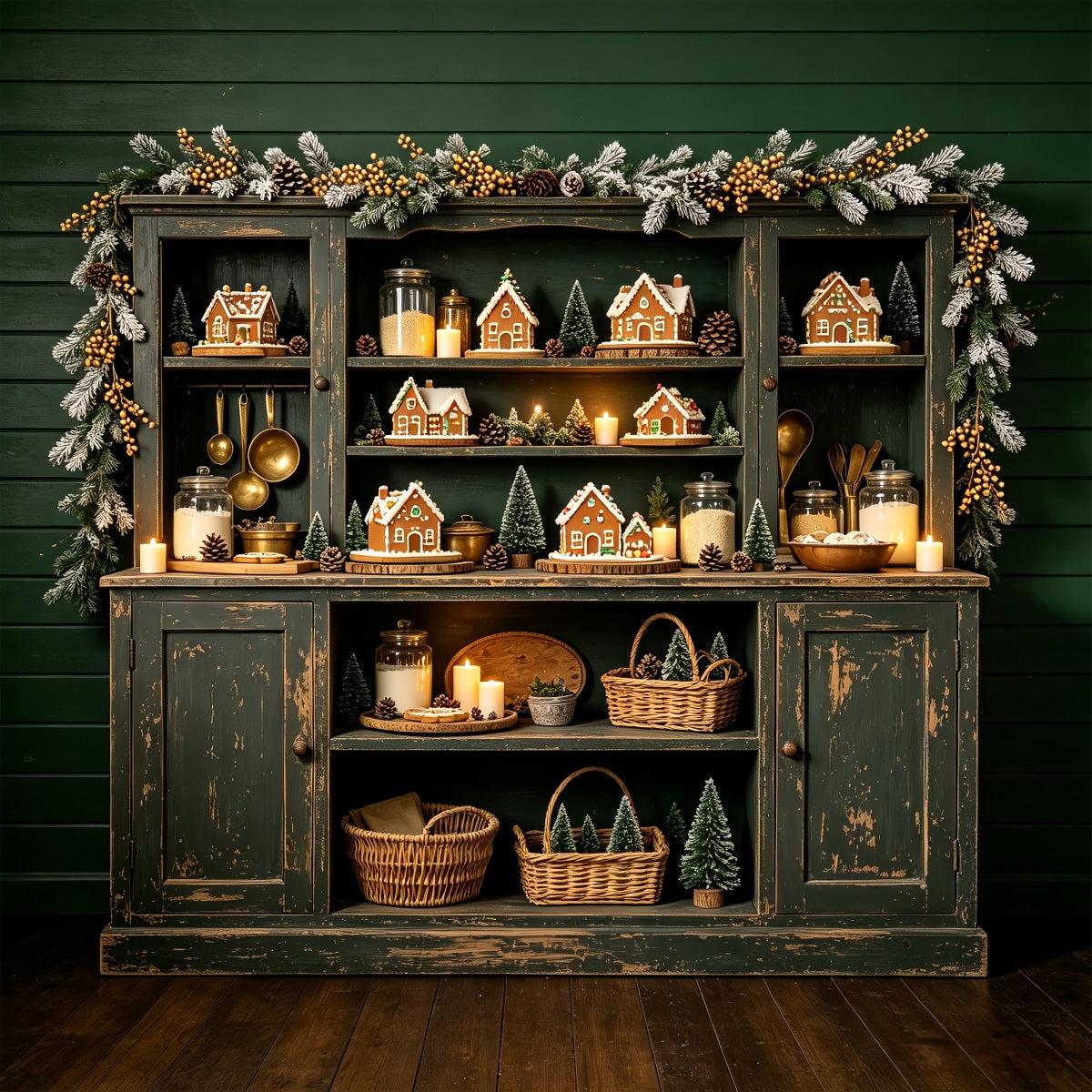 Christmas Kitchen Backdrop Gingerbread Shelf Village Christmas Photography Backdrop UK CSH68-57