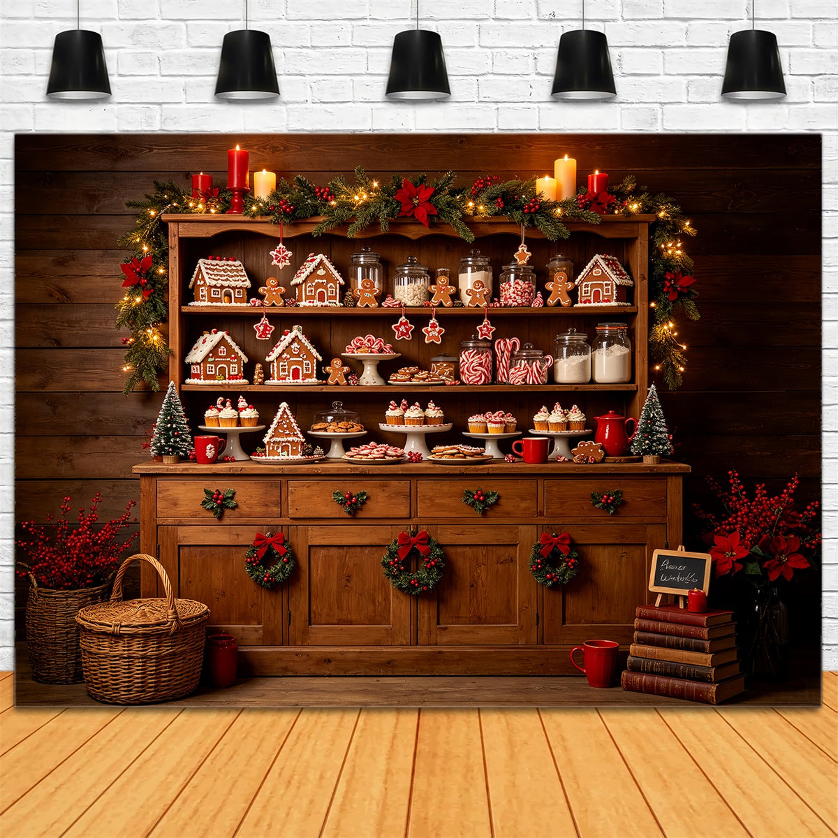 Christmas Bakery Backdrop Gingerbread Candy Cabinet Christmas Photography Backdrops UK CSH68-59