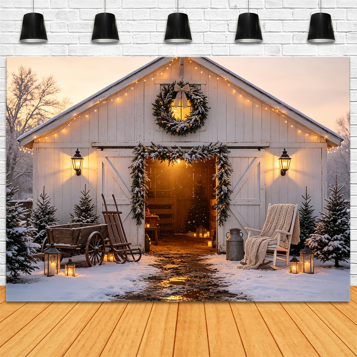 Christmas Barn Door Backdrop Winter Barn Lantern Glow Christmas Backdrops UK CSH68-62