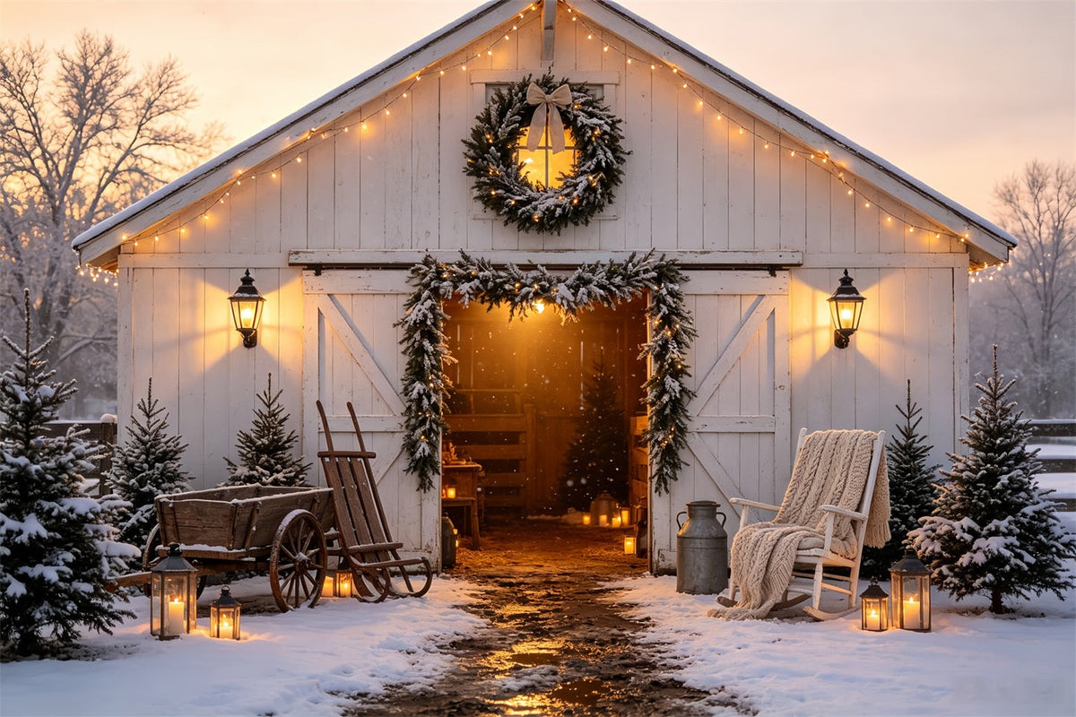 Christmas Barn Door Backdrop Winter Barn Lantern Glow Christmas Backdrops UK CSH68-62