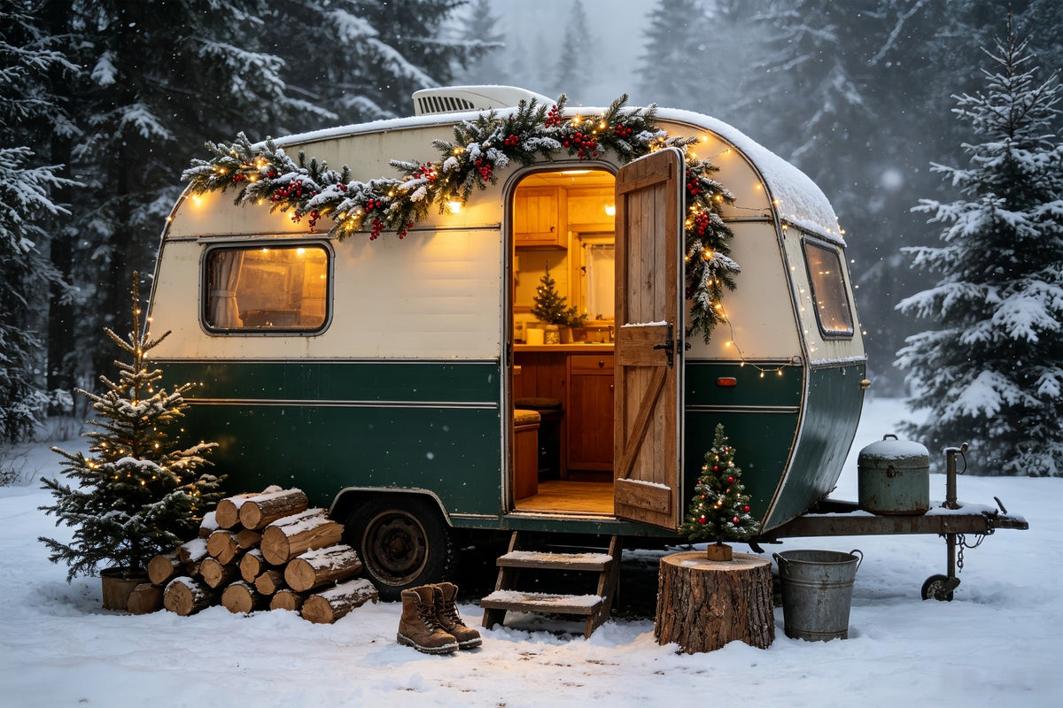 Christmas Camper Photography Backdrop Vintage Camper Woodland Backdrops Christmas UK CSH68-65