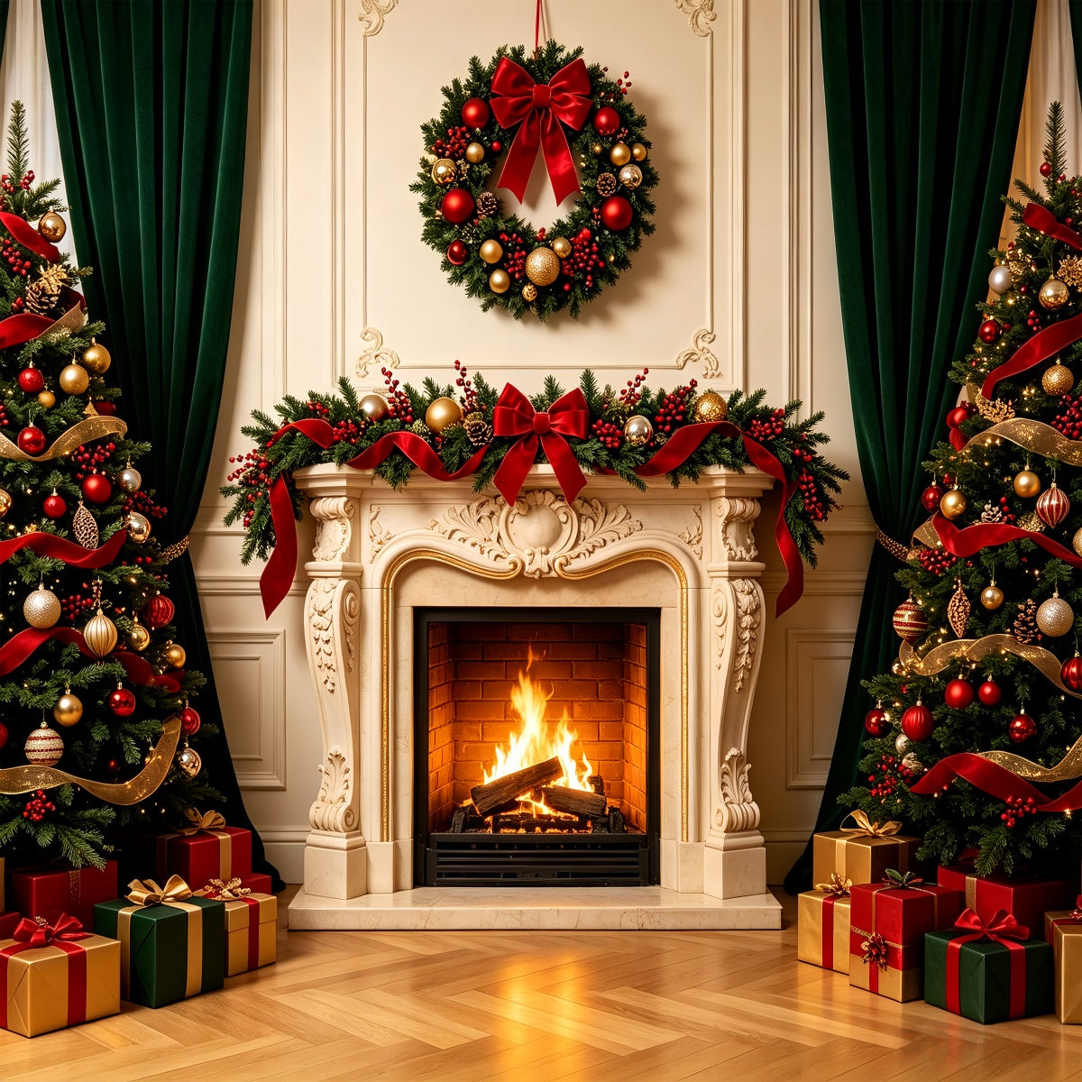 Christmas Fireplace Backdrop Elegant Wall Mantel Photography Backdrops Christmas UK CSH68-67