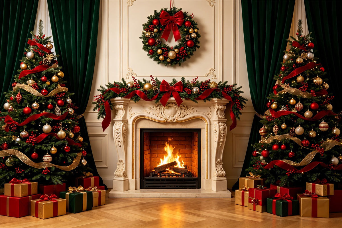 Christmas Fireplace Backdrop Elegant Wall Mantel Photography Backdrops Christmas UK CSH68-67