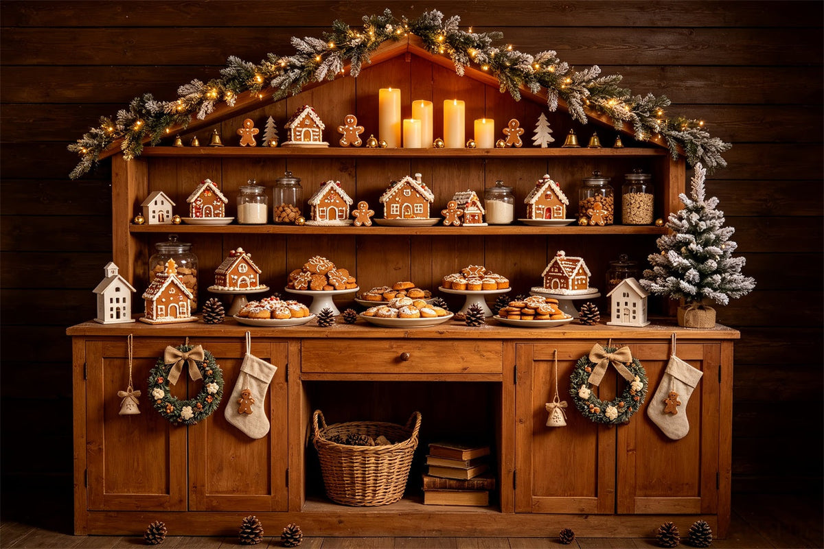 Christmas Bakery Backdrop Gingerbread Cabin Shelf Christmas Photo Backdrops UK CSH68-69