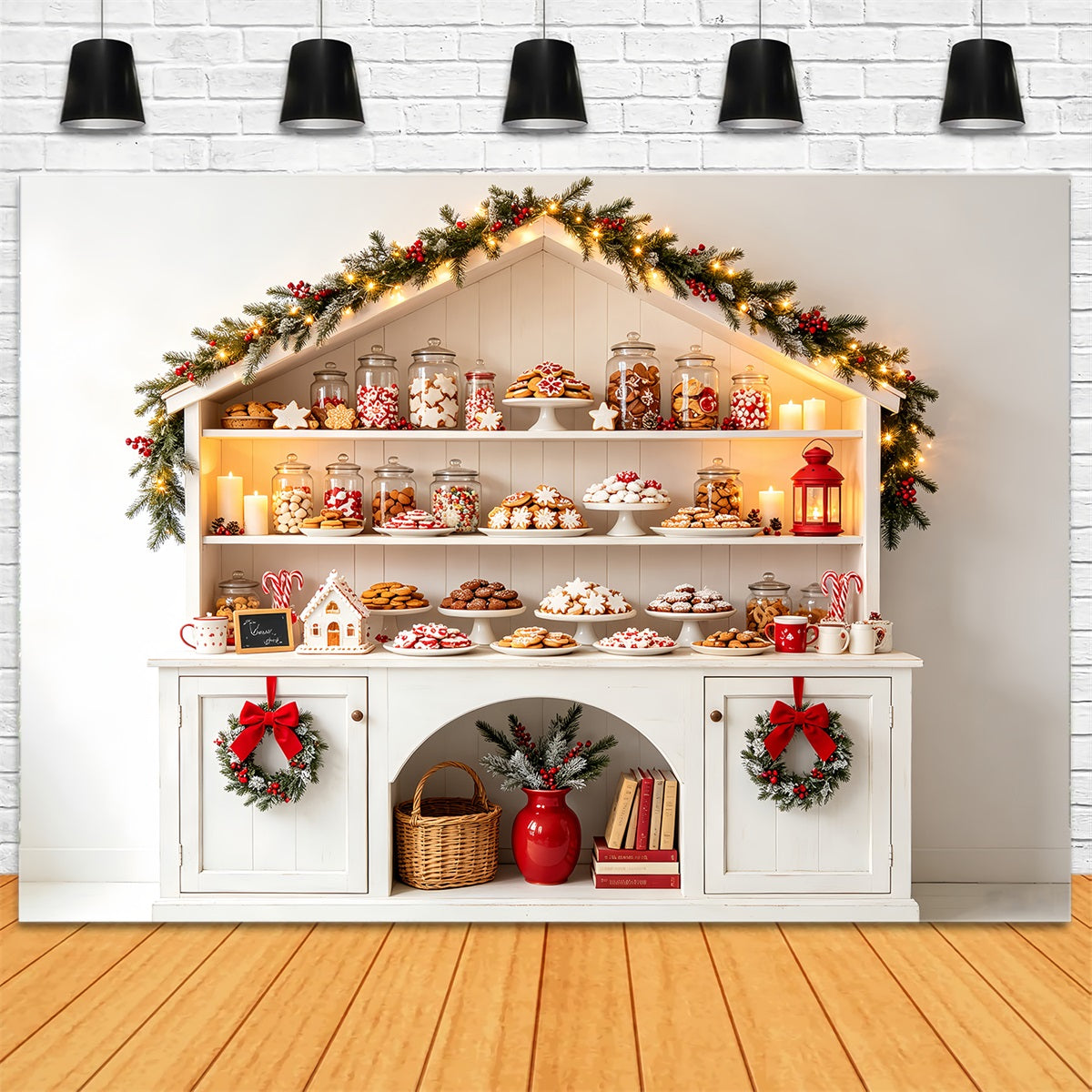 Christmas Bakery Backdrop White Candy Cottage Shelf Christmas Studio Backdrop UK CSH68-70