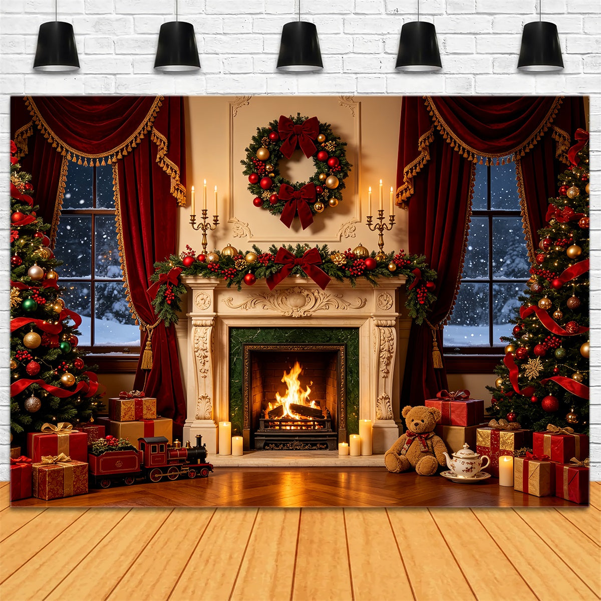 Christmas Fireplace Backdrop Luxury Window Ribbon Decor Photography Backdrop Christmas UK CSH68-71