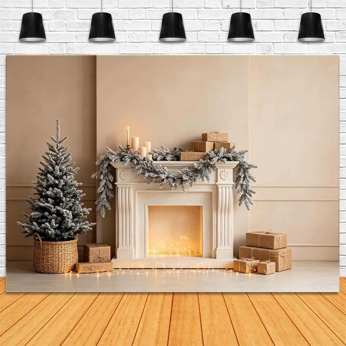 White Christmas Backdrop Snowy Fireplace Garland Indoor Christmas Backdrop UK CSH68-72