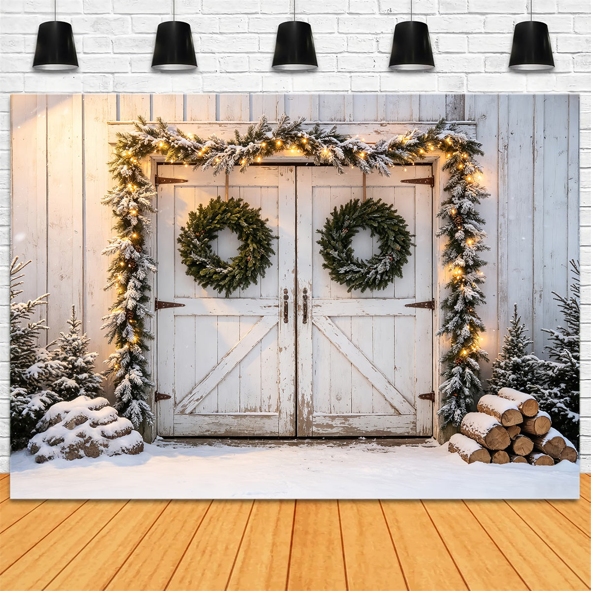 Barn Door Christmas Backdrop Snowy Barn Door Garland Wall Christmas Backdrop UK CSH68-79