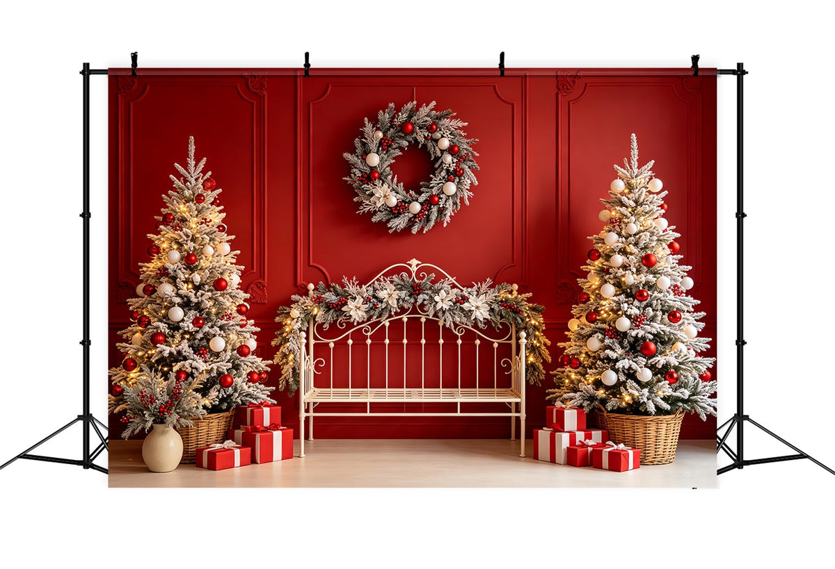 Christmas Headboard Backdrop Red Bench Frosted Trees Christmas Muslin Backdrop UK CSH68-80