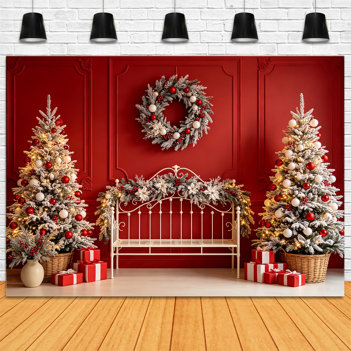 Christmas Headboard Backdrop Red Bench Frosted Trees Christmas Muslin Backdrop UK CSH68-80