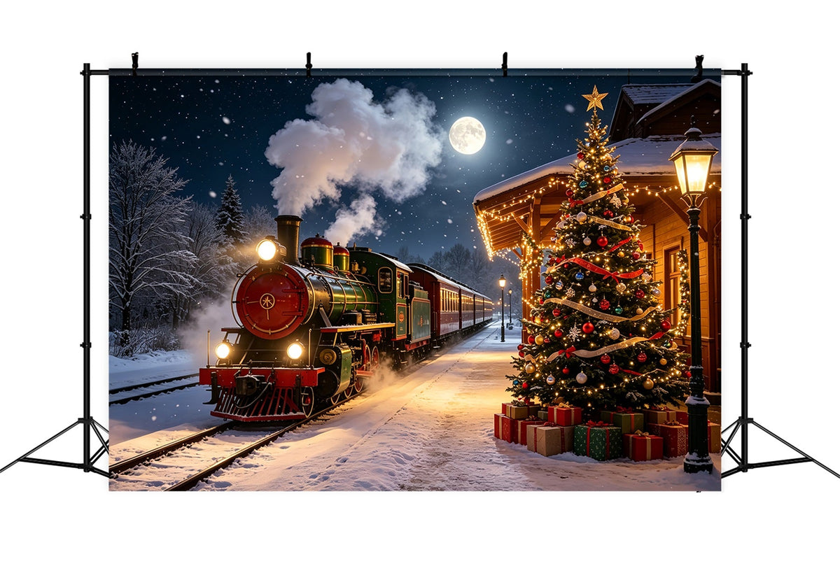 Christmas Train Backdrop Snowy Station Tree Lights Indoor Christmas Backdrops UK CSH68-82