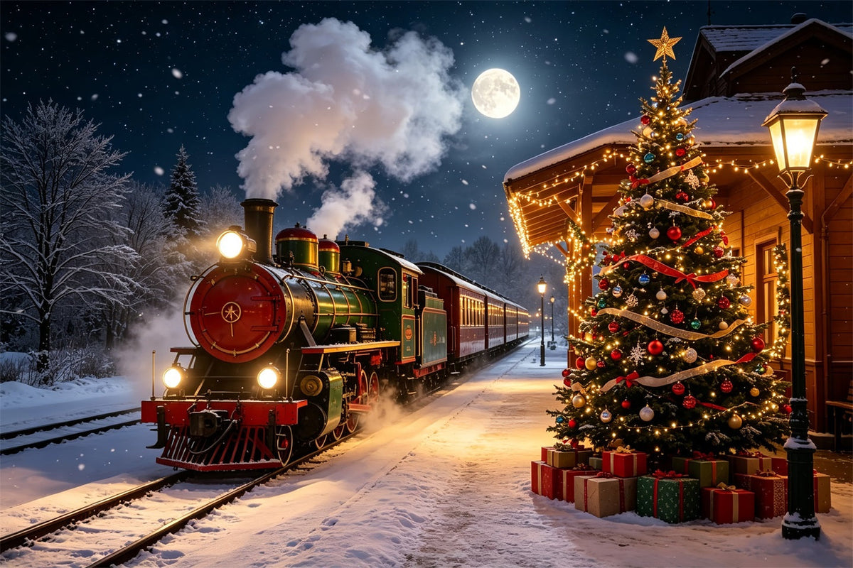 Christmas Train Backdrop Snowy Station Tree Lights Indoor Christmas Backdrops UK CSH68-82