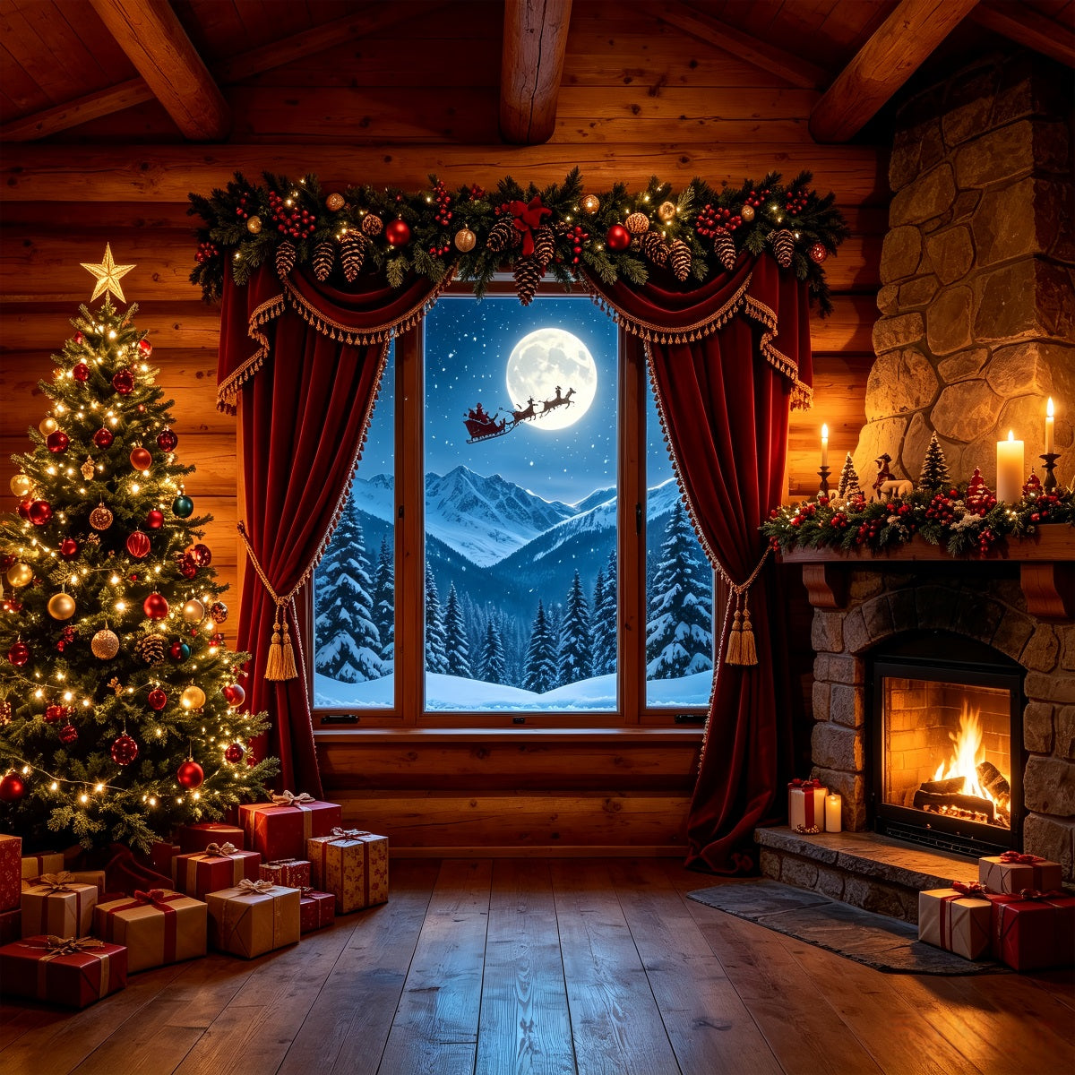 Christmas Cabin Backdrop Rustic Cabin Mountain Window Professional Christmas Backdrop UK CSH68-83