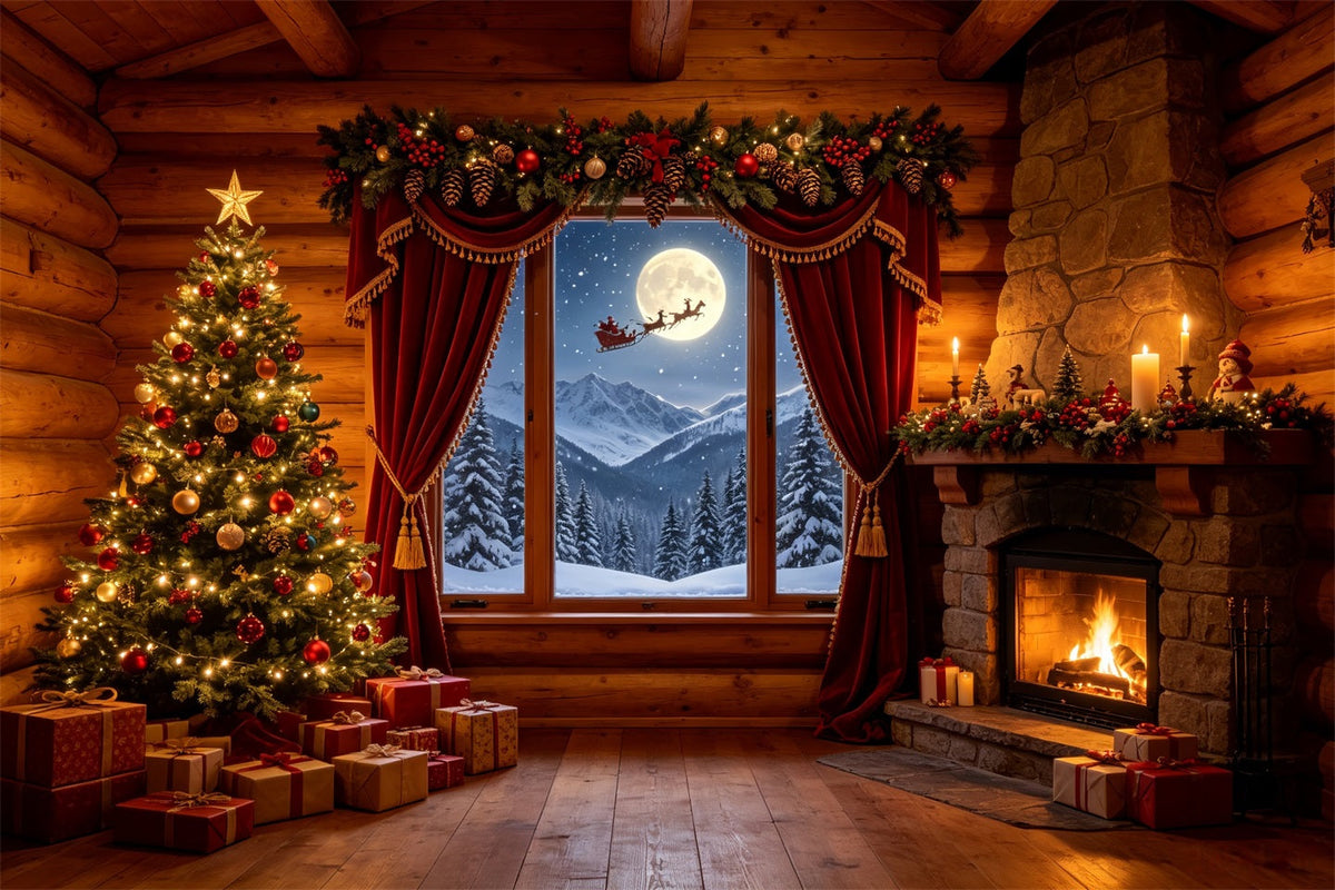 Christmas Cabin Backdrop Rustic Cabin Mountain Window Professional Christmas Backdrop UK CSH68-83