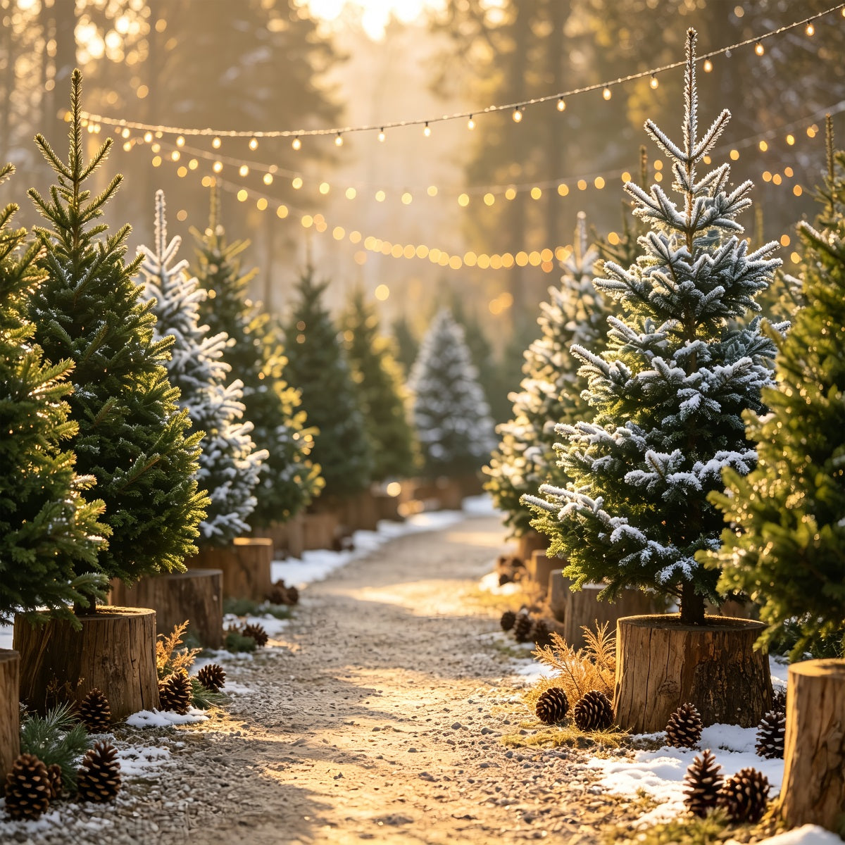 Christmas Tree Backdrop Snowy Pine Pathway Lights Muslin Christmas Backdrop UK CSH68-85