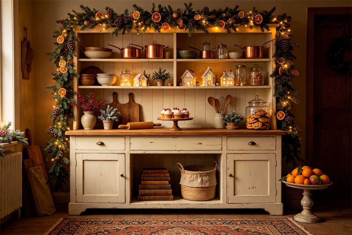 Christmas Kitchen Backdrop Rustic Orange Garland Kitchen Backdrop Christmas UK CSH68-93