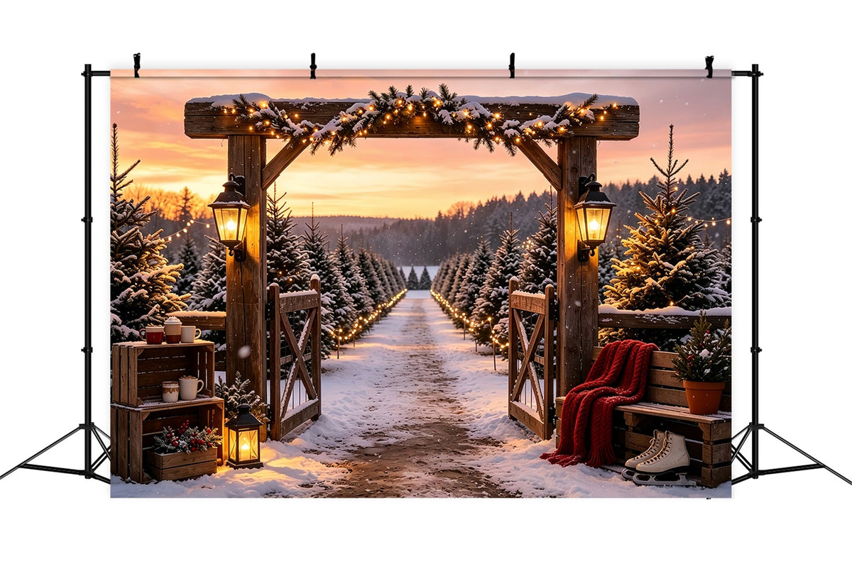 Christmas Tree Farm Backdrop Snowy Pine Gate Entrance Professional Christmas Backdrops UK CSH68-95