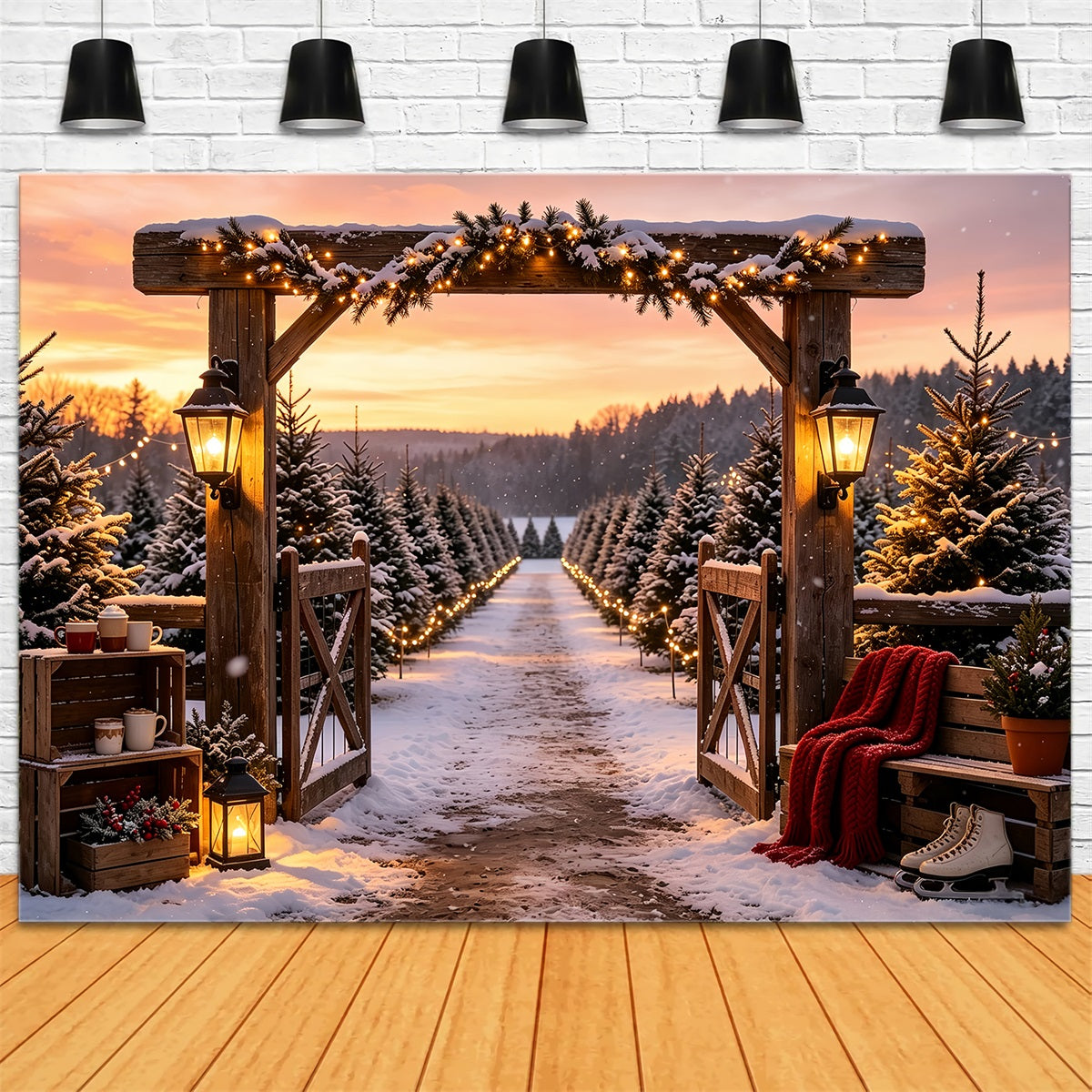 Christmas Tree Farm Backdrop Snowy Pine Gate Entrance Professional Christmas Backdrops UK CSH68-95