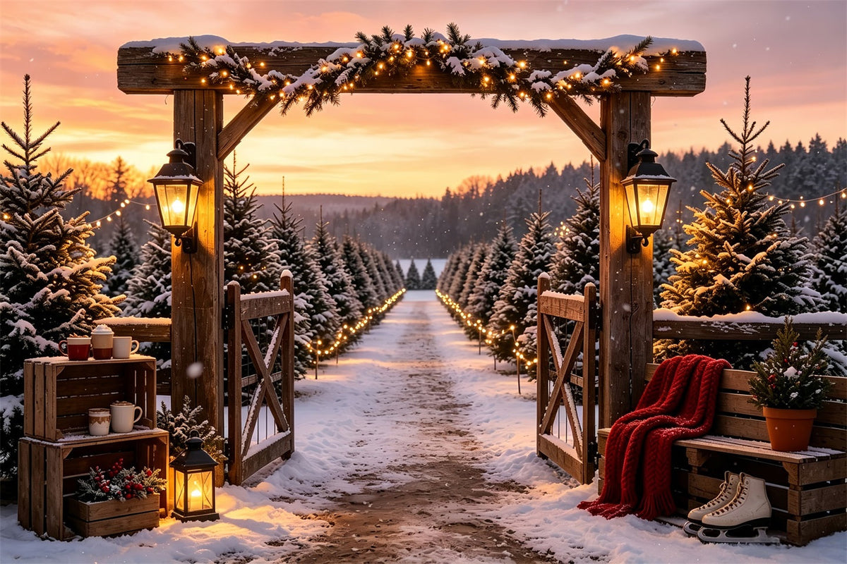 Christmas Tree Farm Backdrop Snowy Pine Gate Entrance Professional Christmas Backdrops UK CSH68-95