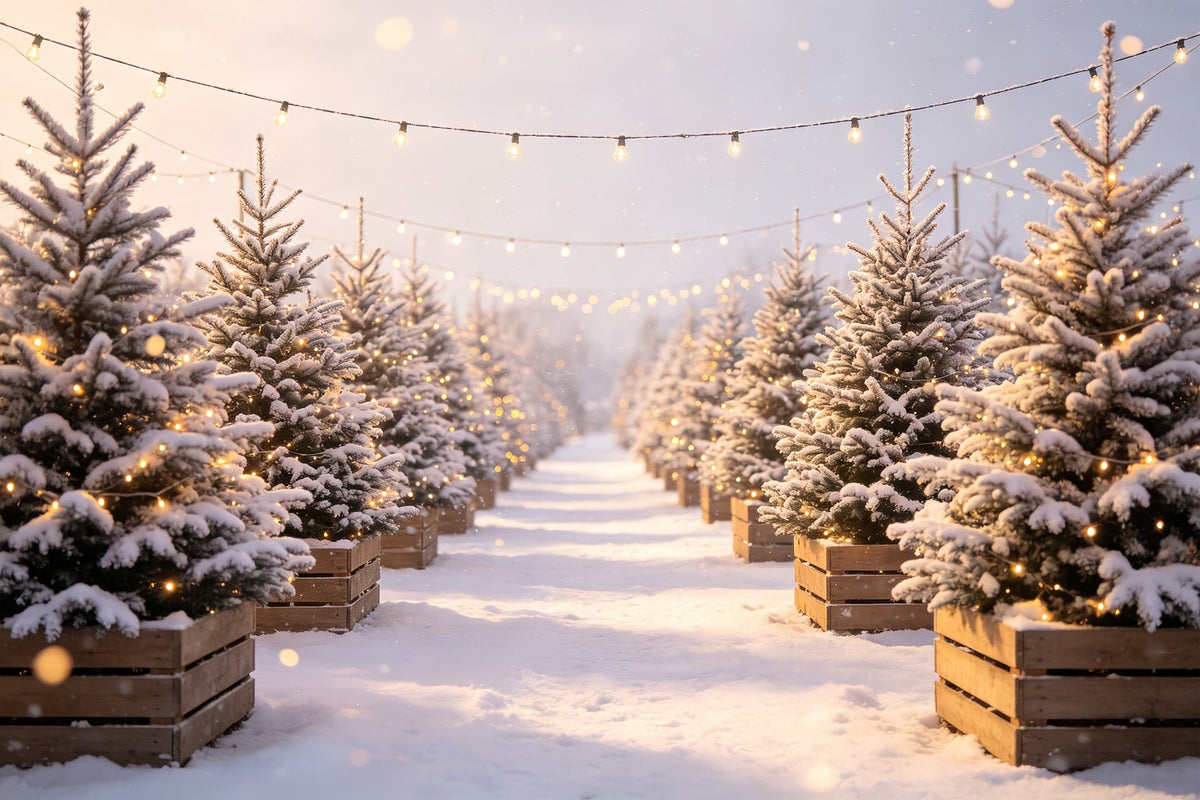 Christmas Tree Farm Backdrop Snowy Pine Light Path Photo Backdrop Christmas UK CSH68-97