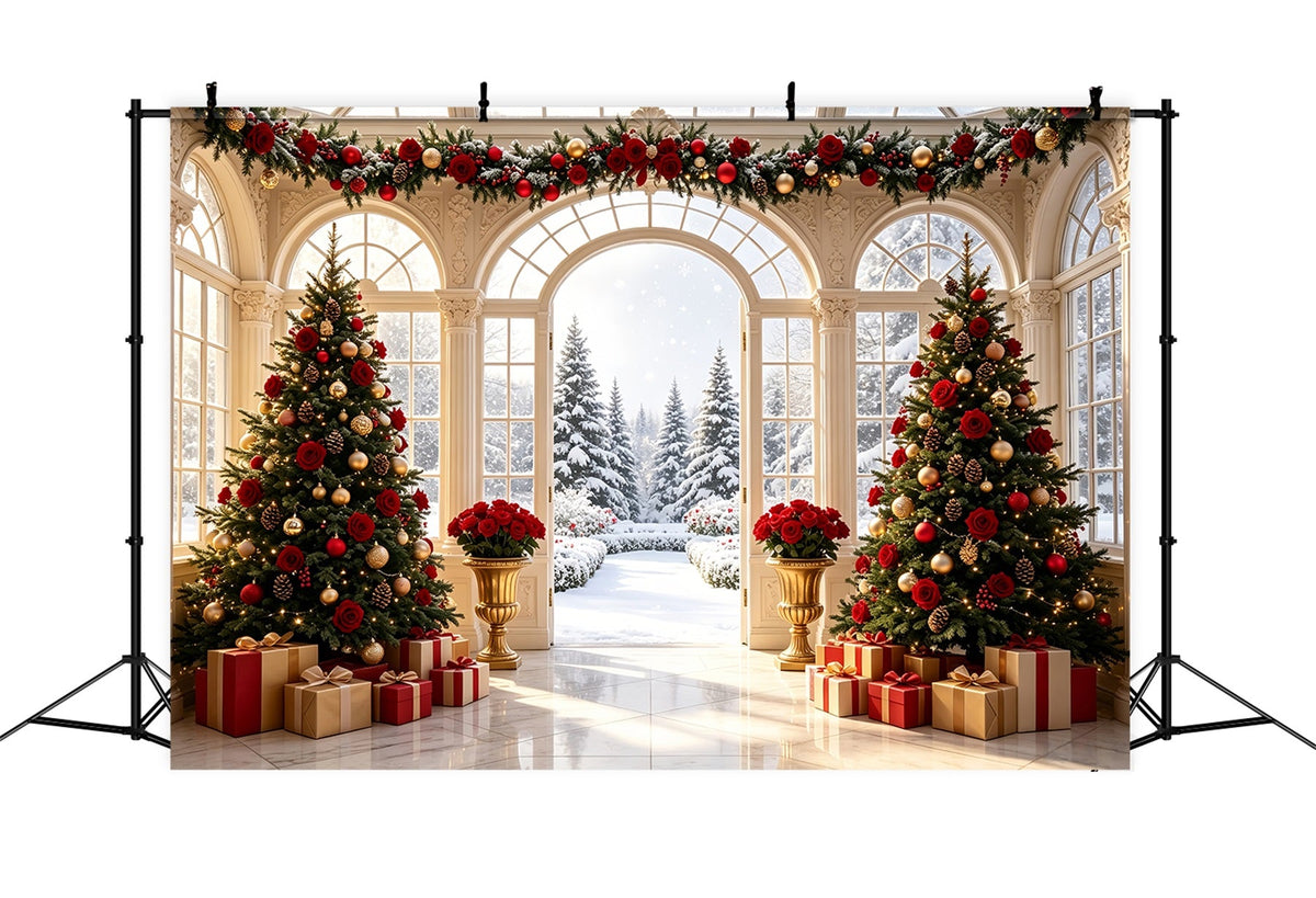 Christmas Door Backdrop Rose Conservatory Snow View Large Christmas Backdrop UK CSH69-1