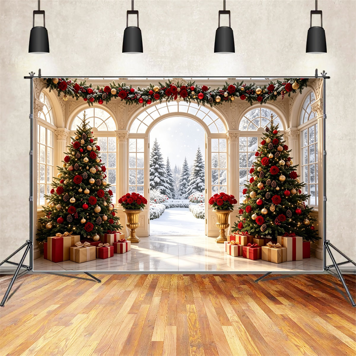 Christmas Door Backdrop Rose Conservatory Snow View Large Christmas Backdrop UK CSH69-1