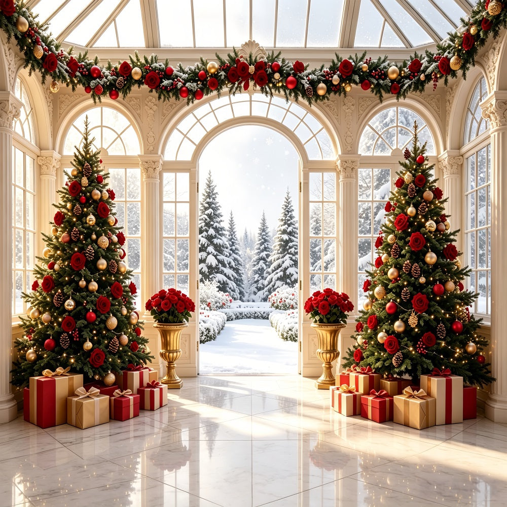 Christmas Door Backdrop Rose Conservatory Snow View Large Christmas Backdrop UK CSH69-1