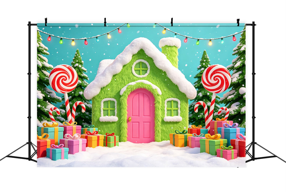 Gingerbread House Backdrops Green Candy Cottage Gifts Pink Christmas Backdrop UK CSH69-102