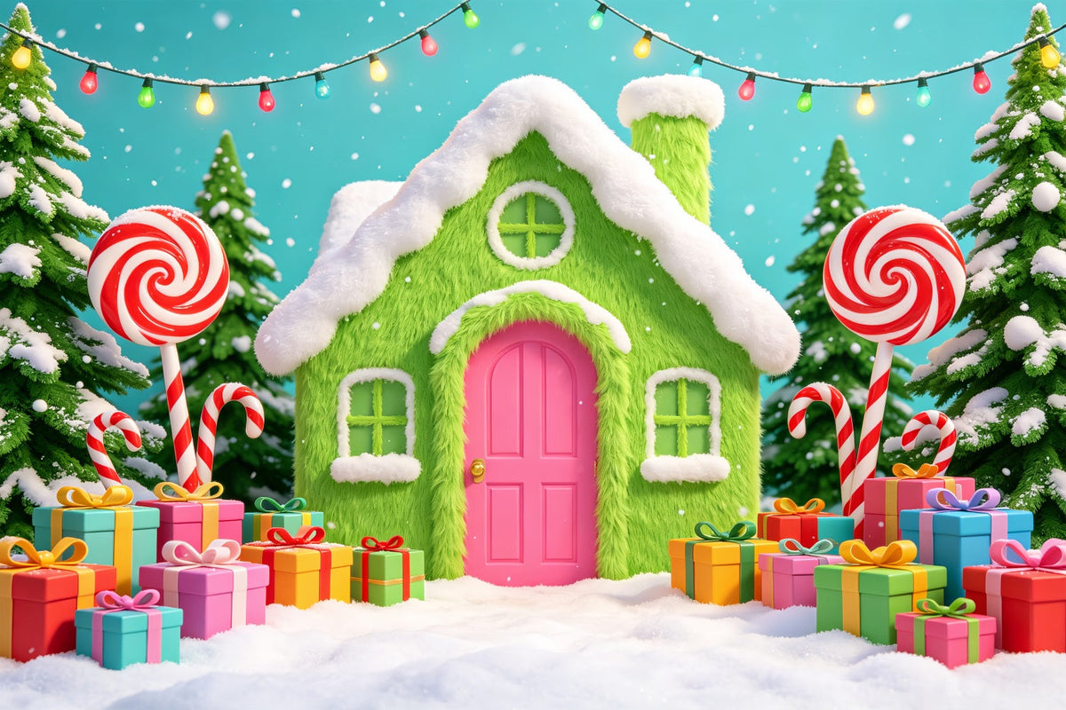 Gingerbread House Backdrops Green Candy Cottage Gifts Pink Christmas Backdrop UK CSH69-102