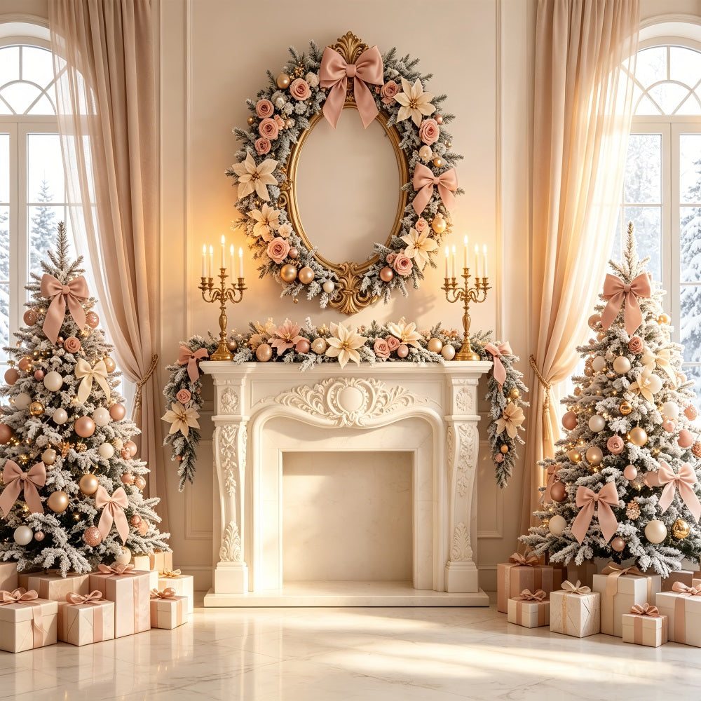 Elegant Christmas Backdrop Blush Floral Fireplace Decor Photo Christmas Backdrop UK CSH69-11