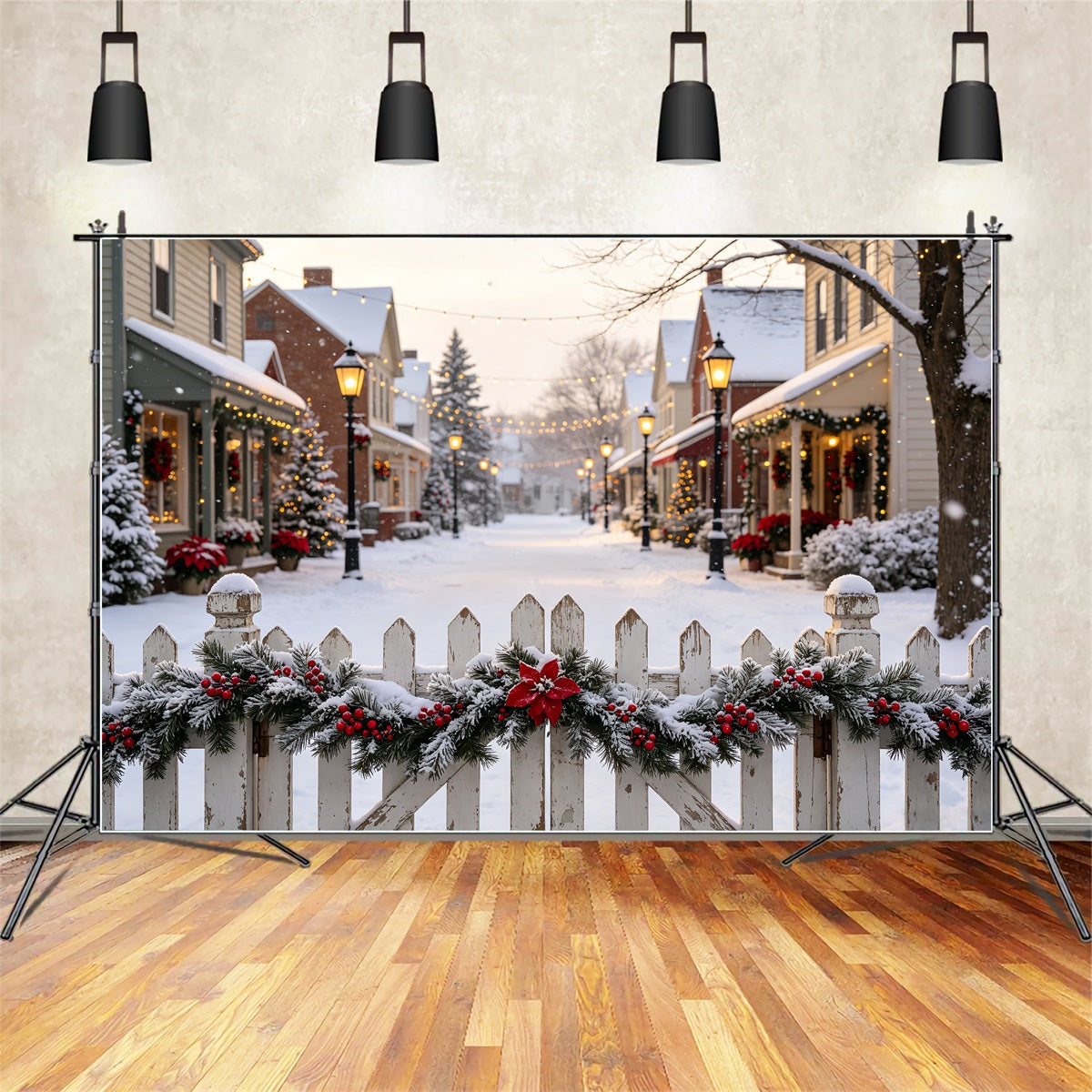 Christmas Village Backdrop Festive Street Picket Fence Studio Christmas Backdrop UK CSH69-14