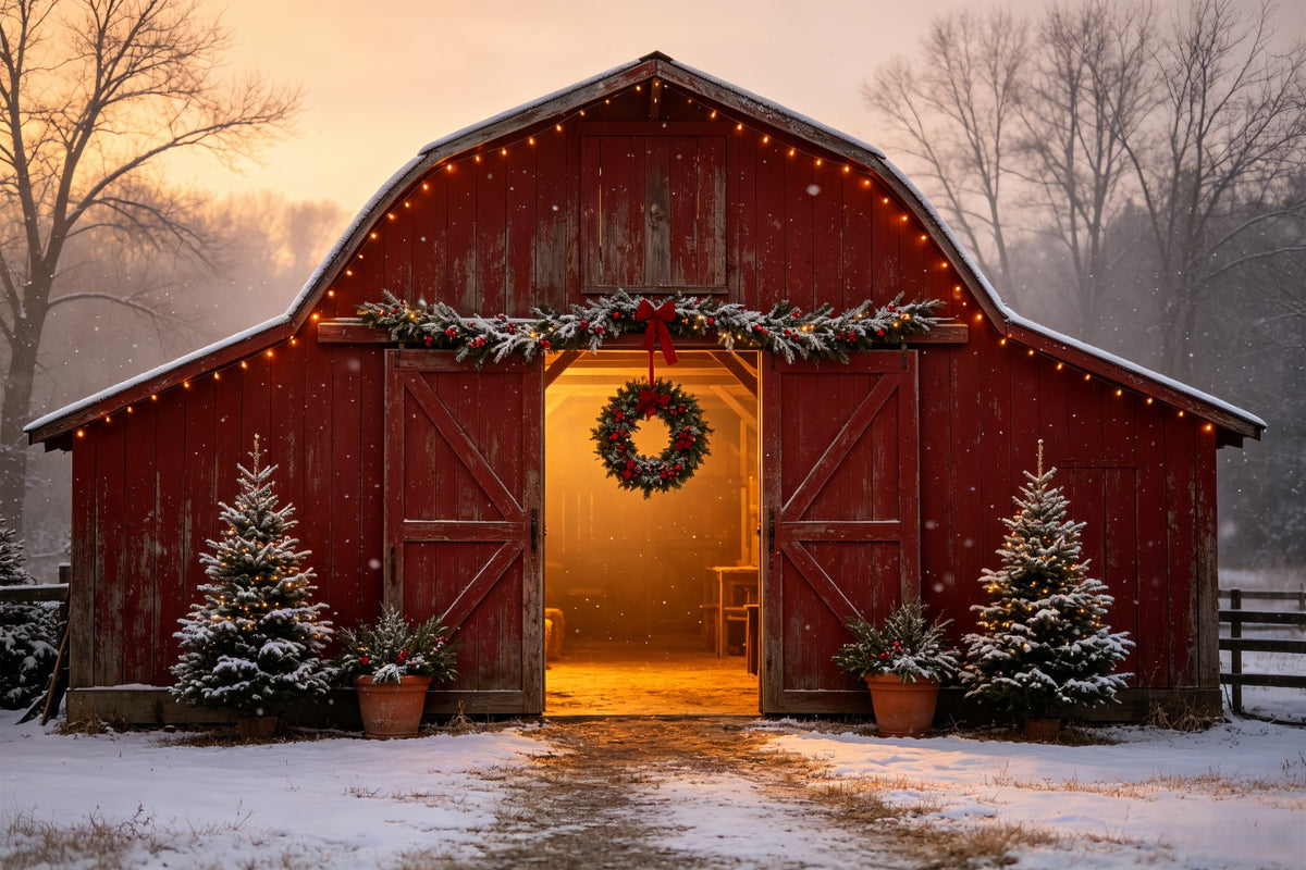 Christmas Farm Backdrop Snowy Red Barn Entrance Christmas Muslin Backdrop UK CSH69-17