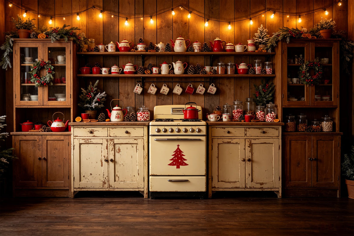 Christmas Kitchen Backdrop Vintage Red Teapot Display Muslin Christmas Backdrop UK CSH69-22