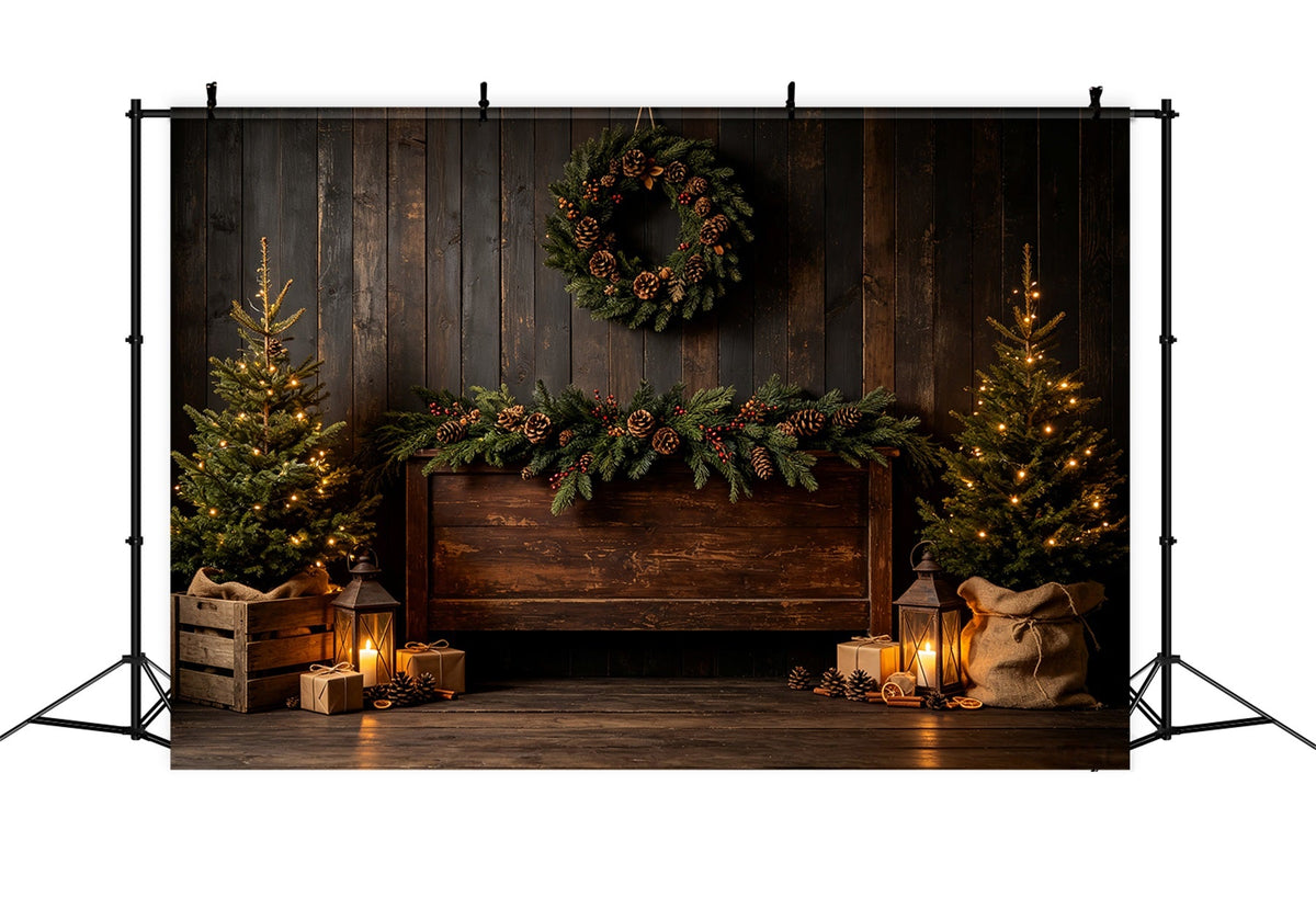 Wooden Christmas Backdrop Rustic Pine Lantern Display Backdrop Christmas UK CSH69-30