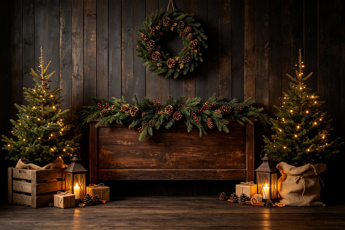 Wooden Christmas Backdrop Rustic Pine Lantern Display Backdrop Christmas UK CSH69-30