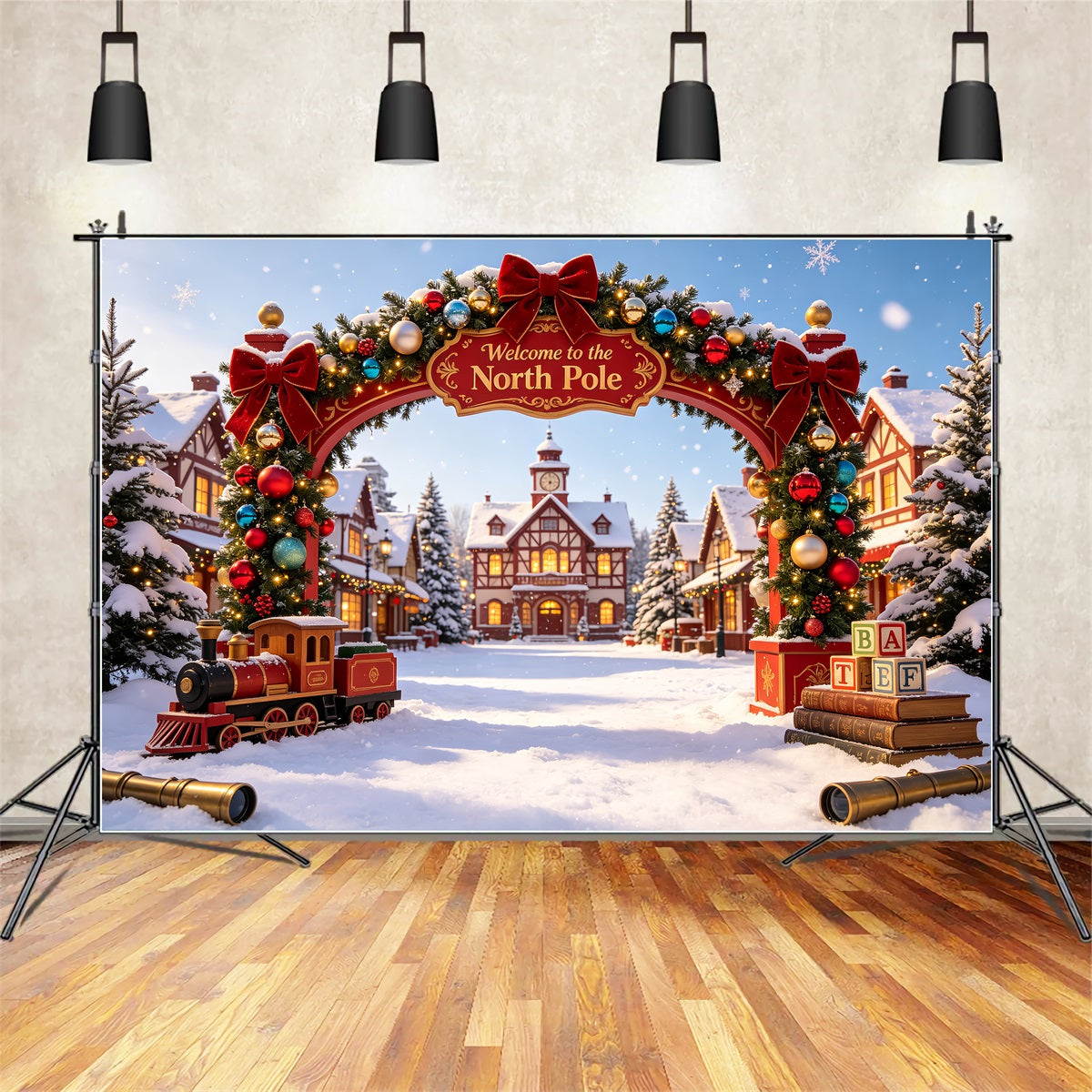 North Pole Christmas Backdrop Snowy Village Gateway Christmas Photography Backdrop UK CSH69-31