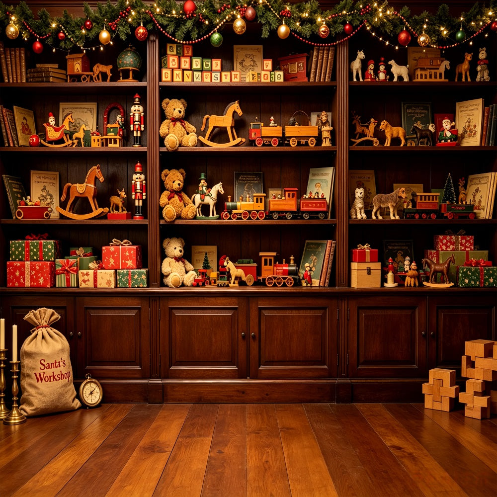 Indoor Christmas Backdrop Vintage Toy Workshop Shelves Professional Christmas Backdrops UK CSH69-32