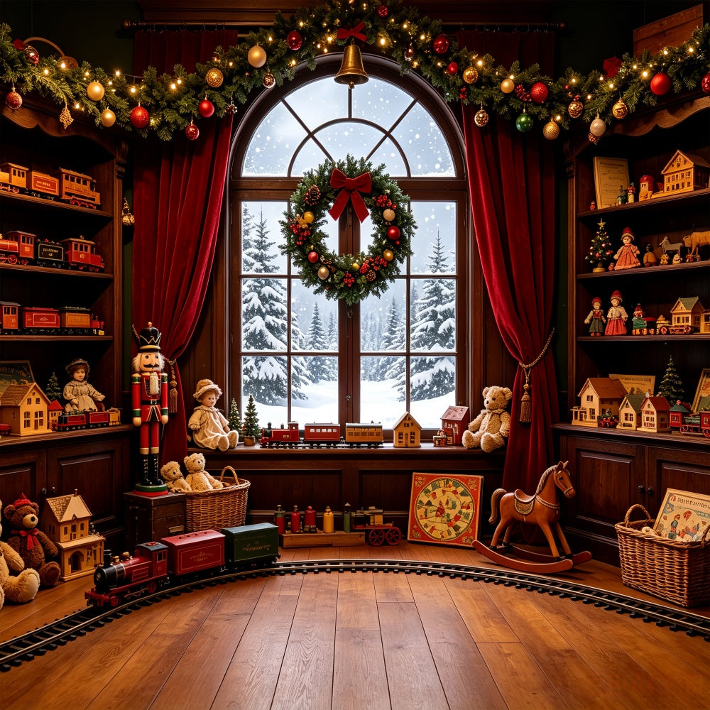 Vintage Christmas Backdrop Toy Train Room Window Large Christmas Backdrops UK CSH69-35