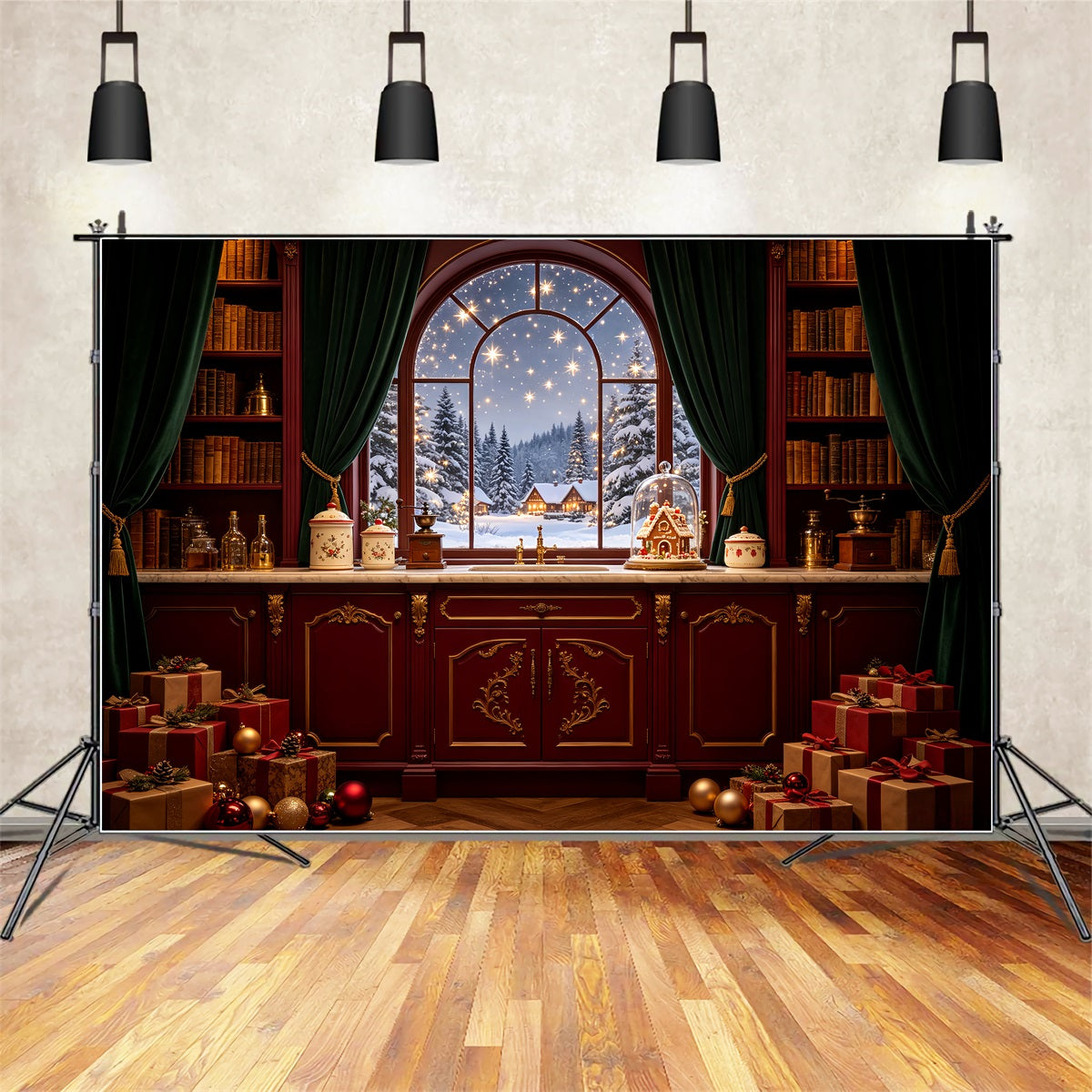 Christmas Night Backdrop Snowy Cottage Window Pantry Photography Christmas Backdrops UK CSH69-37