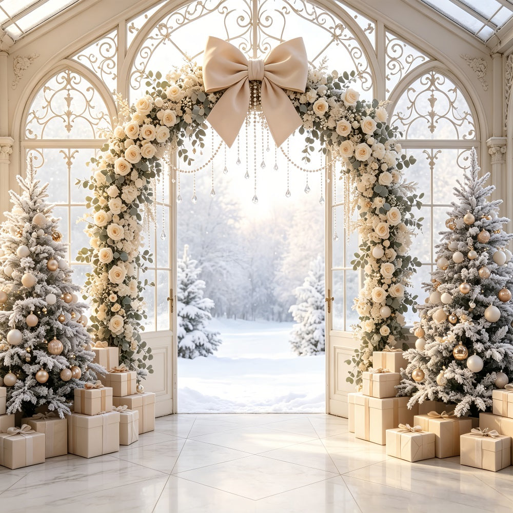 Snowy Christmas Backdrop Ivory Floral Archway Studio Christmas Backdrops UK CSH69-52