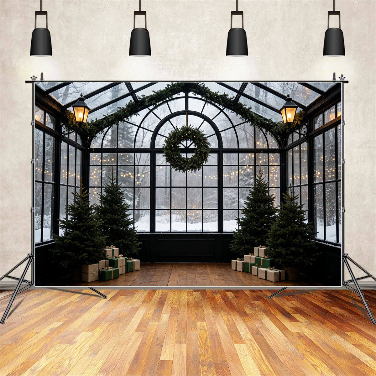 Christmas Greenery Backdrop Snowy Conservatory Wreath Arch Christmas Indoor Backdrop UK CSH69-55
