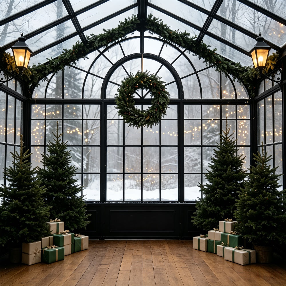 Christmas Greenery Backdrop Snowy Conservatory Wreath Arch Christmas Indoor Backdrop UK CSH69-55