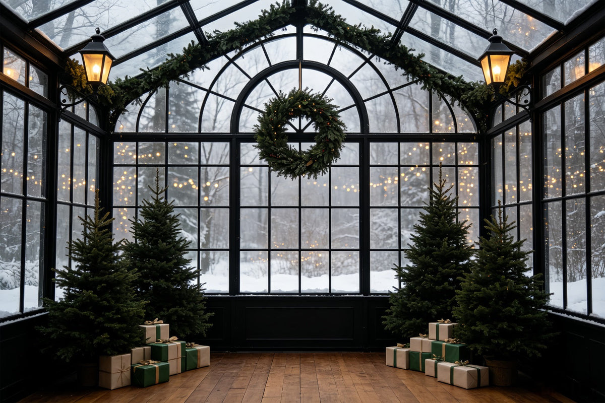 Christmas Greenery Backdrop Snowy Conservatory Wreath Arch Christmas Indoor Backdrop UK CSH69-55