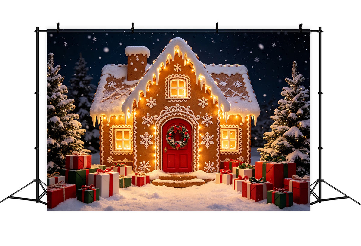 Gingerbread Photo Backdrop Snowy Forest Cabin Path Gingerbread House Backdrops UK CSH69-61