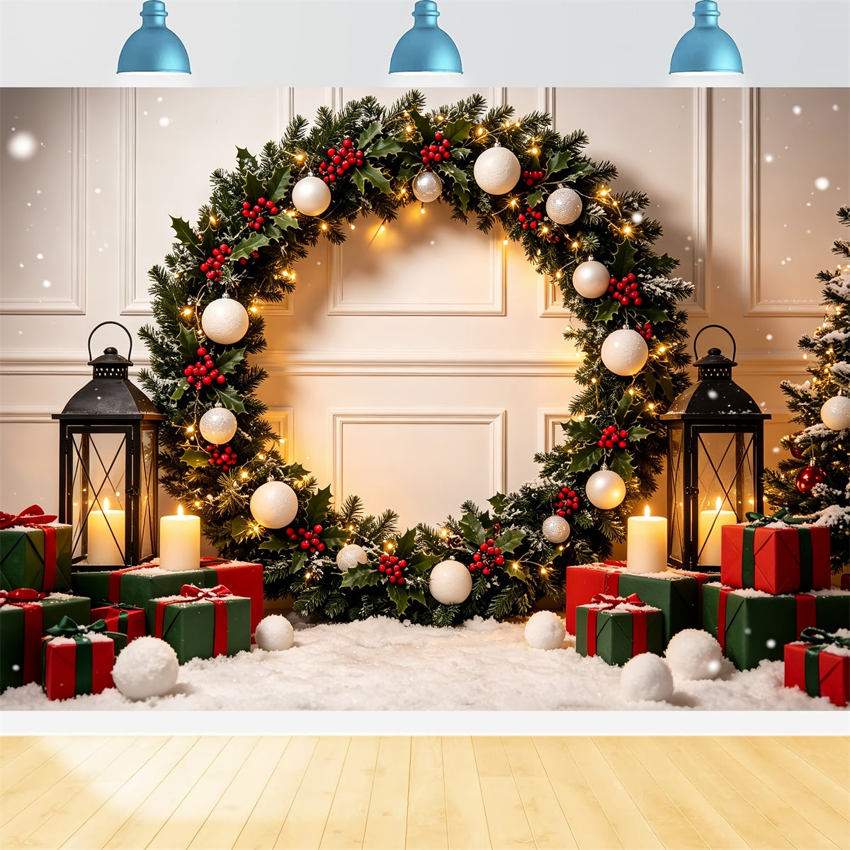Christmas Photo Booth Backdrop Holly Lantern Gift Arch Christmas Backdrops Photography UK CSH69-62
