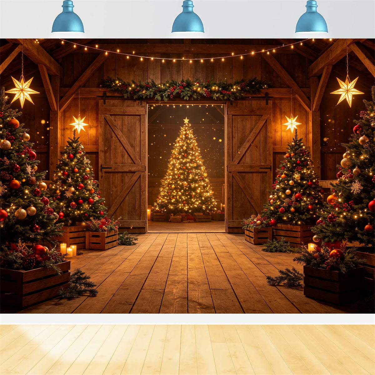 Western Christmas Backdrop Rustic Barn Tree Glow Christmas Outdoor Backdrop UK CSH69-67