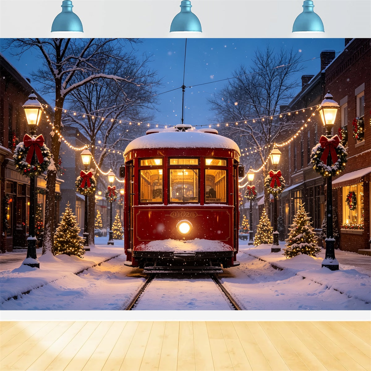 Christmas Village Backdrops Vintage Tram Snowy Street Backdrop For Christmas Village UK CSH69-68
